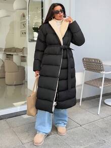 EURMUSE Abrigo de invierno acolchado con detalles de sherpa, abrigo reversible de felpa, chaqueta acolchada de oso de peluche, chaqueta acolchada de doble cara, abrigo de plumón con forro de felpa, chaqueta acolchada reversible, abrigo acolchado acogedor, chaqueta acolchada de sherpa, chaqueta con forro de felpa, abrigo reversible cálido, abrigo acolchado largo para mujer, abrigo de invierno largo para mujer, abrigo acolchado con forro de sherpa para mujer, abrigo acolchado largo para mujer, abrigo largo para mujer, abrigo acolchado largo negro para mujer - Negro - Ver 5