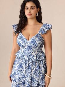 SHEIN MOD 大码复古花卉分层 V 领长裙，蓝白相间，女式夏/秋连衣裙，田园复古，生日连衣裙，初秋连衣裙 - 彩色 - 查看 11