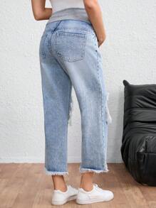 SHEIN Maternity Straight Leg Cropped Denim Jeans - Light Wash - View 2