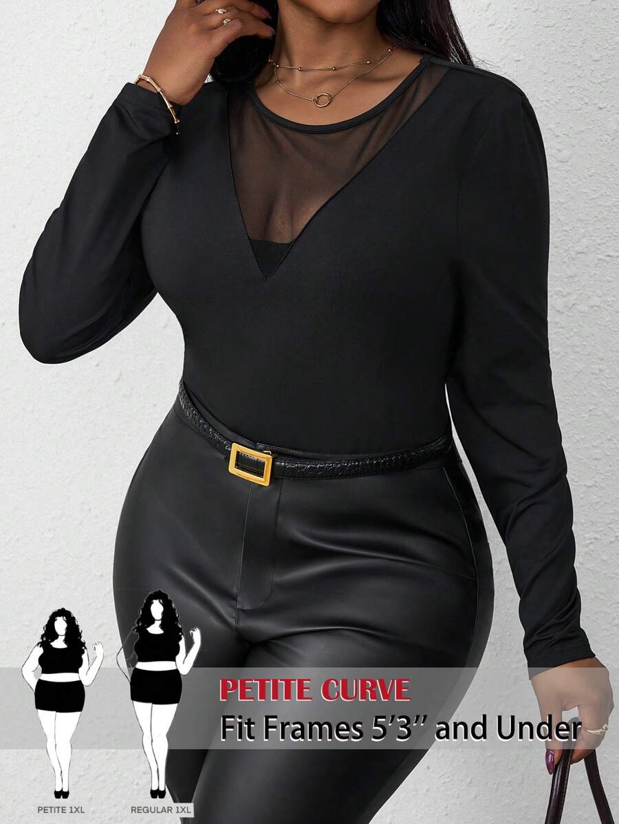 SHEIN PETITE CURVE 春夏秋冬优雅黑色针织圆领长袖撞色网眼大码T恤万圣节加大码万圣节衣服万圣节睡衣