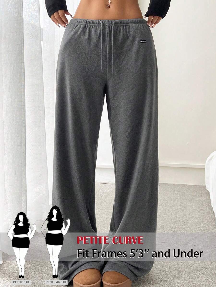 SHEIN PETITE CURVE Pantalones casuales rectos, sueltos y con cordón en la cintura con gráfico de letras para mujer de talla grande