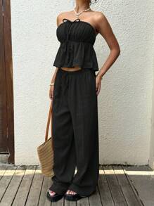 SHEIN EZwear 女士夏季黑色编织休闲度假褶饰结带上衣和宽松阔腿裤套装 - 黑色 - 查看 5