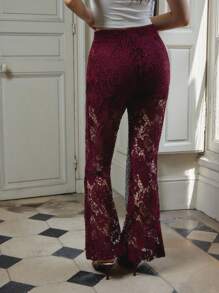 lacRébo Elegant Burgundy Floral Lace Flared Pants Vacation Outfits Going Out Pants Autumn Pants Spring Women Clothes Spring Summer - Burgundy - View 6