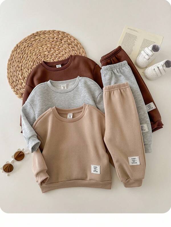 6pcs Set Baby Girl Casual Letter Print Solid Color Sweatshirt And Elastic Waist Pants, Autumn Winter
