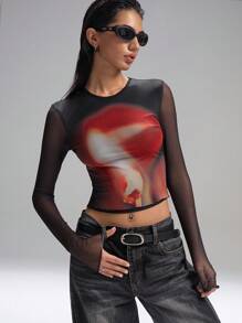 LYSMO 女士时尚模糊图案印花网眼短款上衣 - 黑色 - 查看 4