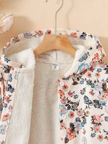 SHEIN Vintaside Kids Tween GirlsHooded Thickened Furry Retro Floral Mid-Length Jacket, Autumn/Winter Fall - Apricot - View 6