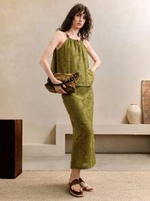 EMERY ROSE Women's Texture Fabric Pickle Green Straight Jacquard Design Back Slit Hem Midi Skirt,Summer,Vacation Boho,European Skirt Fall Cloth For Women - Green - View 3