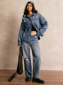 Easelle Western Sequin Women's Casual Washed Rhinestone Decor Top And Denim Jeans 2-Piece Set, Vintage, Fall Women Clothes Rave Concert Techno Outfits - Blue - View 3