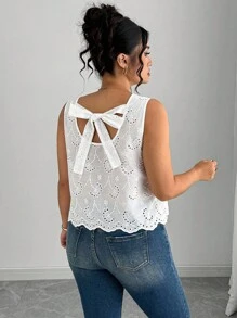 Elenzga Plus Size Summer Casual Solid Color Hollow Embroidered Sleeveless Shirt White Eyelet Top Eyelet Summer Top Women Summer Top Crochet Top Tie Back Top - White - View 3