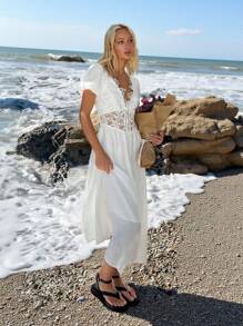 SHEIN EZwear Váy dệt ren trắng thanh lịch lãng mạn dành cho nữ - trắng - Xem 4