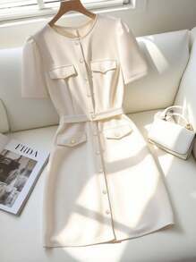 Franclia 女士优雅休闲纯色纽扣迷你连衣裙，适合夏季大学校园穿着