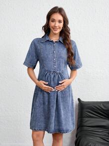 SHEIN Gravidklänning med enfärgad knapp framtill, avslappnad kortärmad i denim