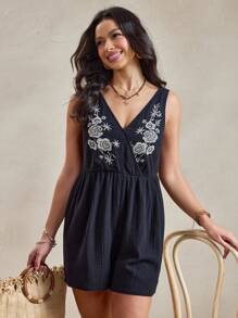 Wildy Women's Summer American Western Country Style Casual Vacation Black Embroidered Romper Western Country Concert Outfit Country Outfits Women 100 Cotton