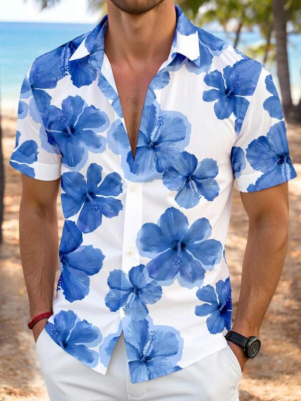 Manfinity RelaxMax Chinese Style Blue & White Porcelain Hibiscus Flower All Over Print Men's Regular Fit Turndown Collar Short Sleeve Shirt