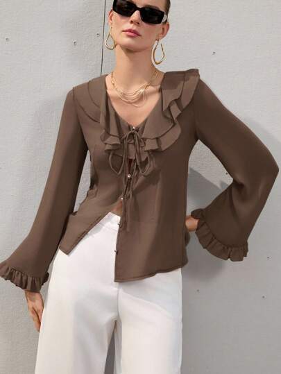 Aveloria Modichic 裸粉色女式雪纺层叠荷叶边半透明浪漫优雅性感办公室休闲百搭长袖衬衫