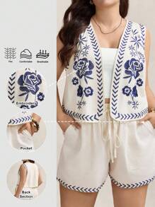 SHEIN LUNE 加大码两件套，全身刺绣套装，重工刺绣，无袖 V 领背心和阔腿短裤套装，休闲旅行亚麻沙滩装乡村音乐会装女士夏装女士两件套机场装女士优雅个性化派对，Ins 博主装，假日优雅装，优雅时尚通勤，办公室警笛风格装，休闲日常装，简约时尚 - 杏色 - 查看 11