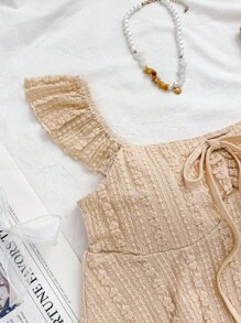 SHEIN 少女休闲/家居服蕾丝边针织弹力飘袖荷叶边下摆T恤，可爱蝴蝶结装饰，甜美，适合约会、上学、日常穿着、购物 - 杏色 - 查看 5