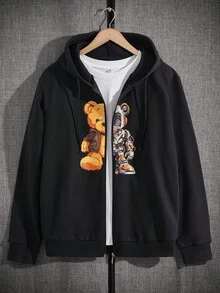 Felpa con cappuccio uomo regolare con chiusura lampo, stampata con orso in cotone