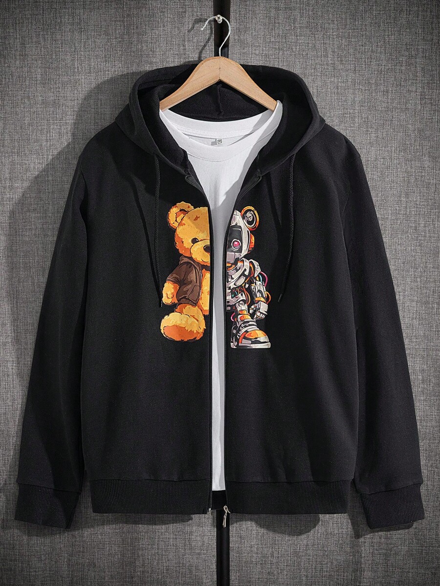 Felpa con cappuccio uomo regolare con chiusura lampo, stampata con orso in cotone
