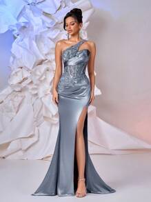 Glamrae 优雅奢华刺绣蕾丝贴花拼布弹力缎面荷叶边鱼尾裙，适合婚礼、派对、节日、宴会、晚礼服（大量装饰） - 灰色 - 查看 4