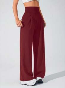 Lifespree Women's Solid Color High Waist Pocketed Pleated Loose Fit Sporty Wide Leg Pants