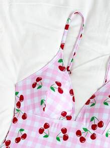 Women's Fashionable Sexy Bikini Swimsuit Set, Tie-Up Cherry Sweet Print, Elastic Fabric, Adjustable Shoulder Strap, Summer Cherry Bikini Cherry Print Bikini Cherry Bathing Suit Women Two Piece Cherry Swimsuit Gingham Cherry Bikini - Multicolor - View 5