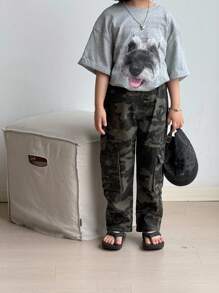 SHEIN Wildeya Y2K Street Style Camouflage Print Flat Pocket Elastic Waistband Cargo Slim Fit Pants, For Young Girls