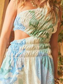 Aralina Váy ngắn hở vai họa tiết hoa trừu tượng cho kỳ nghỉ hè, trang phục đi biển dành cho nữ - màu xanh lá - Xem 3