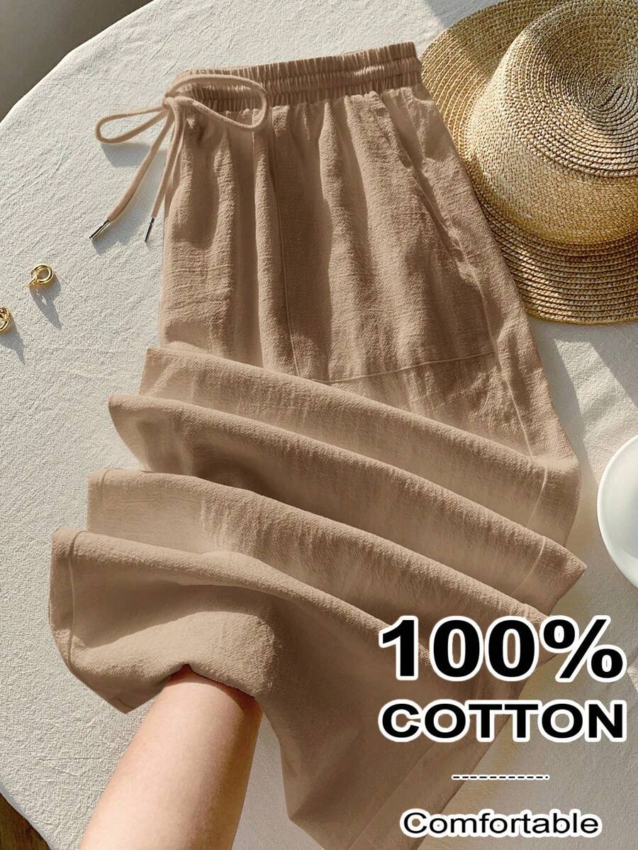 Comfortcana Quần dài ống rộng kaki cạp rút thường ngày cỡ lớn cho nữ, quần áo nữ 100% cotton, trang phục giáo viên cho nữ - Màu Khaki - Xem 1