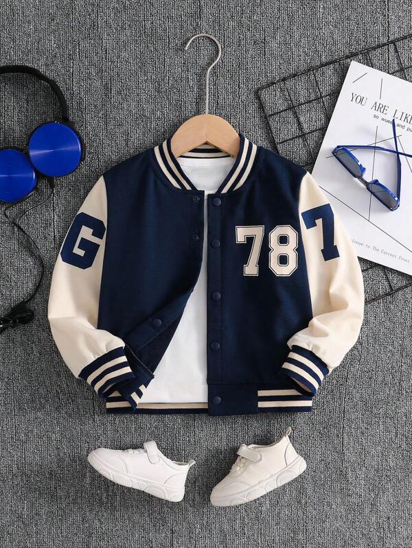 SHEIN 1pc Young Boy's Casual Baseball Jacket With Letter & Number Print, Long Sleeve, Suitable For Daily Wear, Sports, Outings, Back To School For 4-7 Years Old Boys Chic Outfits For Autumn/Winter Fall