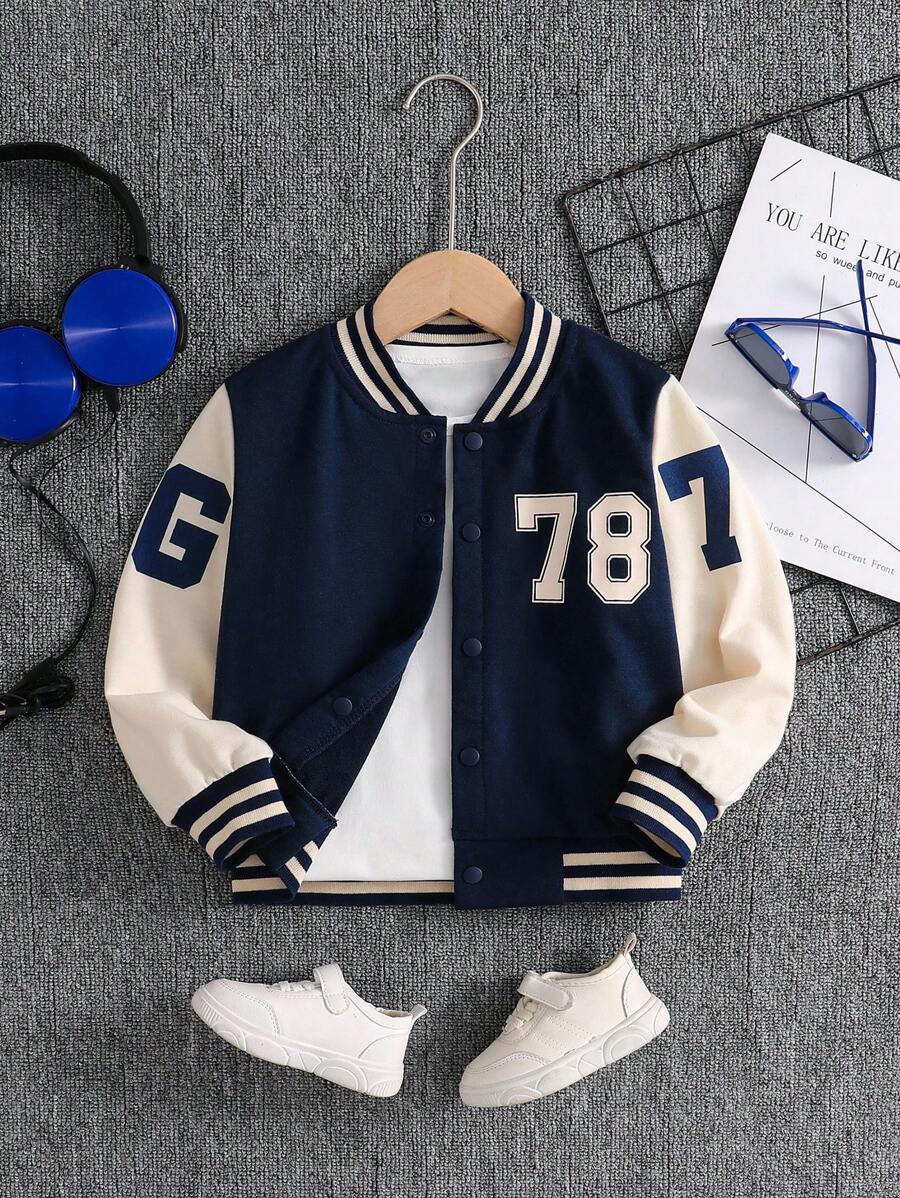 SHEIN 1pc Young Boy's Casual Baseball Jacket With Letter & Number Print, Long Sleeve, Suitable For Daily Wear, Sports, Outings, Back To School For 4-7 Years Old Boys Chic Outfits For Autumn/Winter Fall