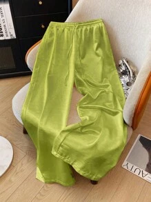 Franclia Plus Size Satin Drawstring Tie Waist Straight Leg Pants Fall Cloth For Women - Green - View 3