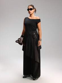 LYSMO Plus Size Black Asymmetric Ruched Mini Skirt, Fashionable For Summer