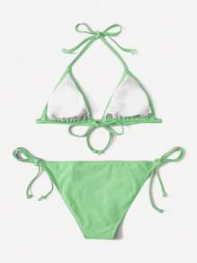 SHEIN Swim Women's Green Bikini Swimsuit Set, Triangle Cup, Halter Neck, Tie Closure, Suitable For Spring & Summer Beach Vacation - Mint Green - View 2