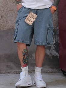 DAZY 夏季水洗白蓝男式牛仔工装短裤 - 藍色 - 查看 1