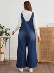 SHEIN EMERY ROSE CURVE 大码女式休闲拼接牛仔连体裤，带斜口袋和吊带，时尚街头风格 - 中等水洗藍 - 查看 3