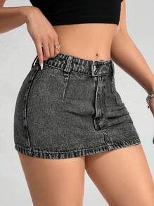 SHEIN PETITE 女士休闲百搭牛仔紧身迷你裙 - 黑色 - 查看 4