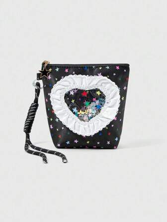 Kawaii Bolsa cosmética portátil de gran capacidad con patrón de flor y estrella colorido en forma de trapecio