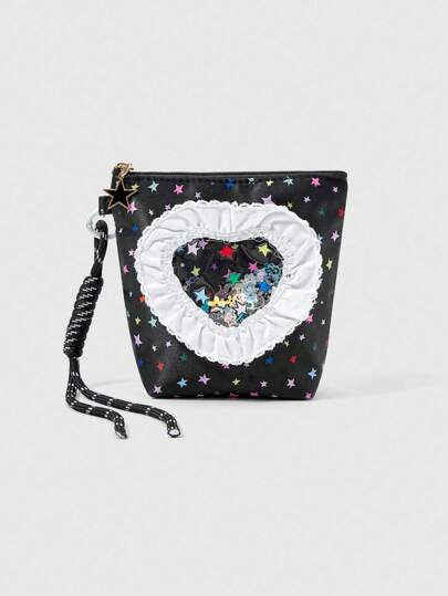 Kawaii Borsa cosmetica portatile e di grande capacità, con motivo trapezoidale a stelle colorate e pizzo floreale, ID articolo #1481690