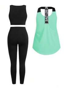 Easithlete Conjunto deportivo de mujer con top de tirantes con letras y leggings de color contrastante. Conjunto de ropa deportiva, conjunto de entrenamiento, ropa de gimnasio, conjunto de ropa de entrenamiento para mujeres