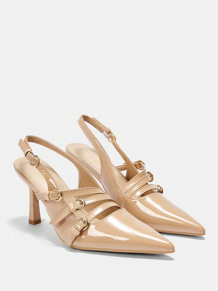 CUCCOO CURVES Plus Size Women's High Heels Pumps With Metallic Multi-Strap Decor, Pointed Toe Elegant Mules Suitable For Dresses, Party & Daily Wear