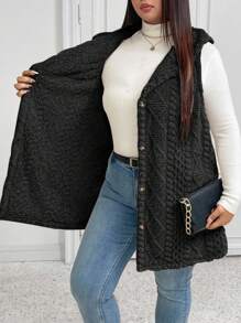 EMERY ROSE 大码休闲蓬松提花纯色加厚前开连帽单排扣百搭背心夹克 - 黑色 - 查看 3