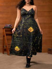 HARRY POTTER X SHEIN Plus Size Retro Allover Print Cinched Waist Cami Midi Dress, Summer Marauders Map Dress Celestial Dress Black Dress Sun Dress - Black - View 2