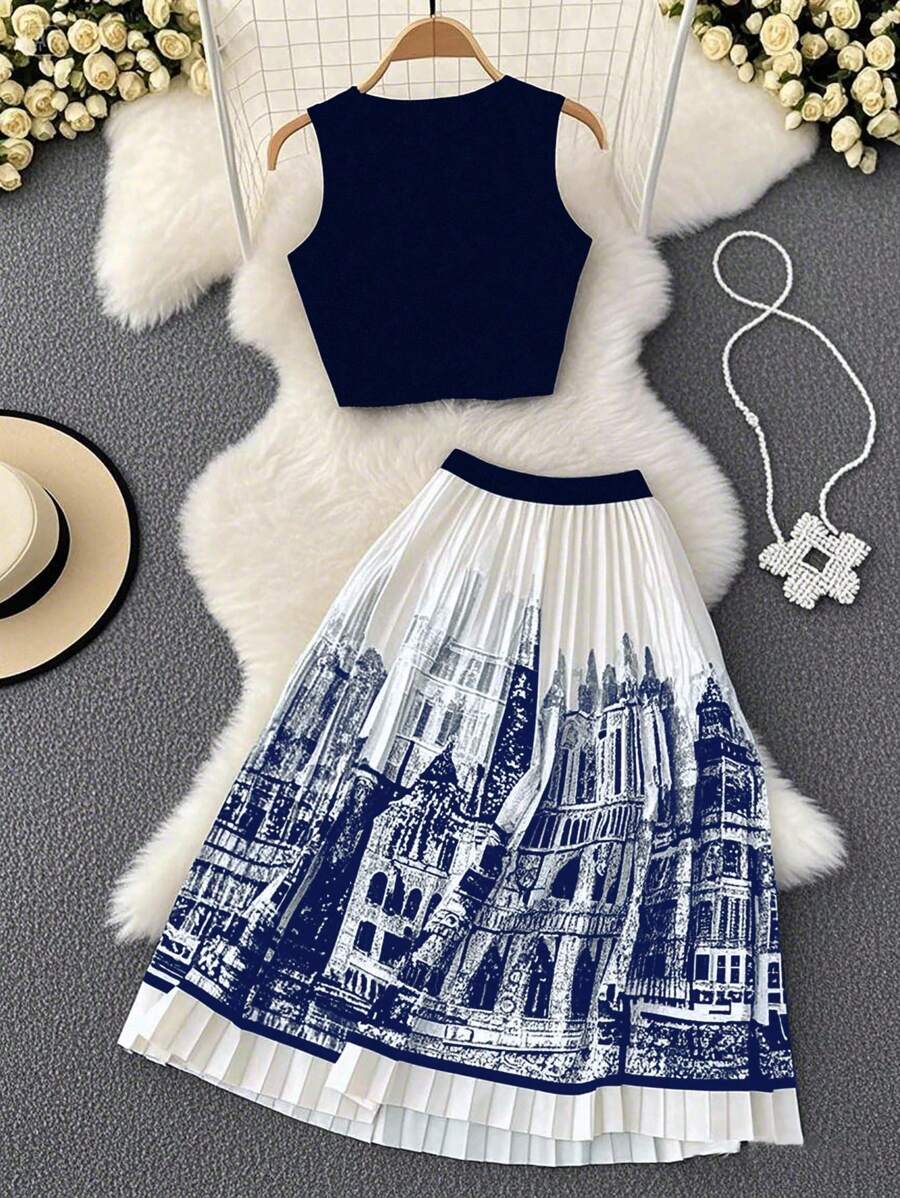 Franclia Women 2 Pieces Set: Solid Color Cropped Tank Top And Architecture Print Pleated Skirt, Elegant And Fashionable - Multicolor - View 1