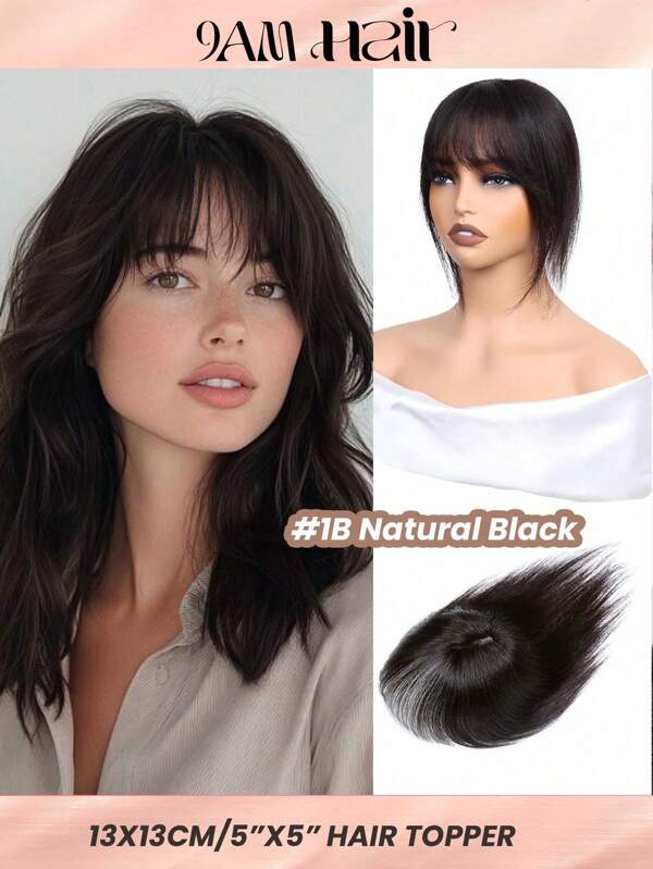 Topper For Women 10 Inch 100% Real Human Hair Topper With Bangs 13x13cm Fake Scalp Silk Base Natural Black Hair Toppers For Women With Thinning Hair Cover Grey Hair