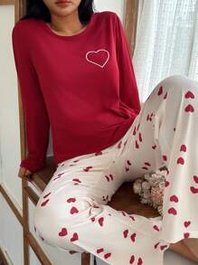 SHEIN 2件套女士爱心印花长袖上衣配长裤睡衣红色睡衣套装，秋冬服装 - 彩色 - 查看 4