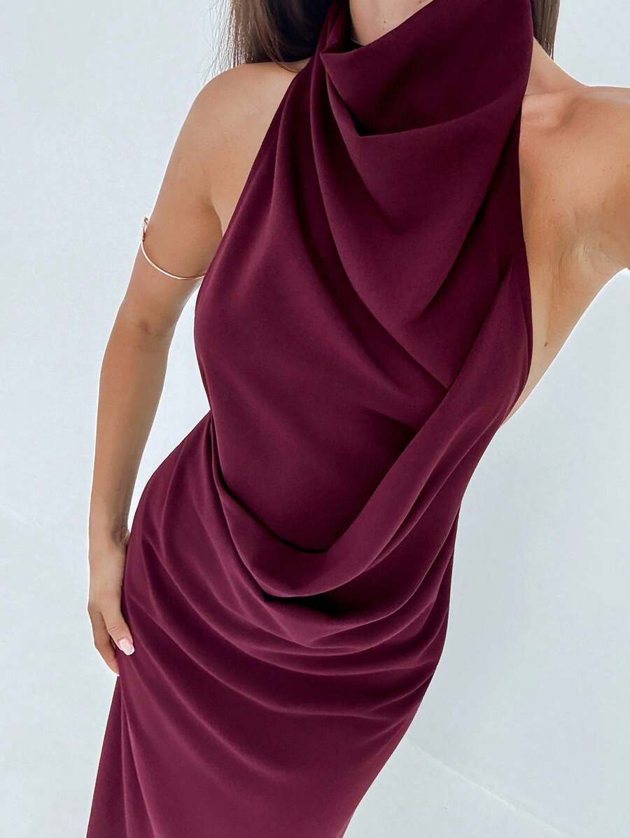 Aloruh New Sexy Backless, Sleeveless, Off-Shoulder Pleated Decor Slim Tummy Concealing Dress, Suitable For Cocktail Party, Music Festival, Vintage, Flowy, Eggplant Purple - Bold Plum - View 1