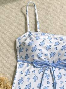 Swim Mod Women's New Fashion Ditsy Floral Cute Sexy Fitted Spaghetti Strap Tank Top With Bow Knot Strap & Triangle Bikini Swimsuit, Summer Beach Swimwear Set