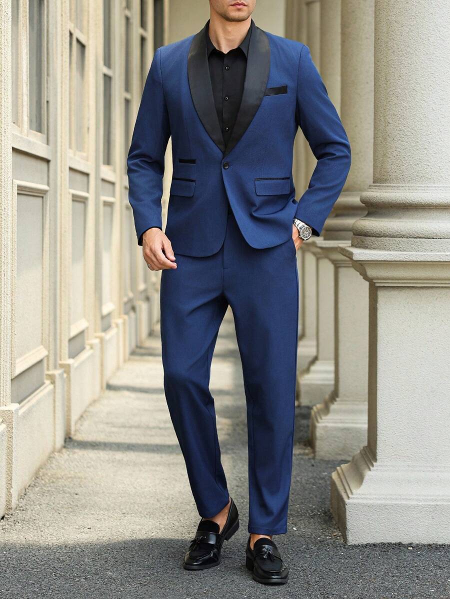 Manfinity Mode 大码男士商务办公通勤西装套装 - 藍色 - 查看 1