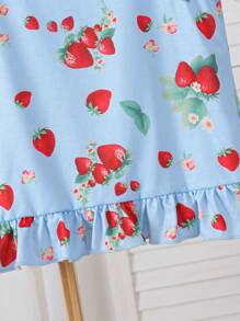 青少年女孩蓝色基础简约时尚红色草莓印花吊带背心和长裤舒适两件套睡衣套装